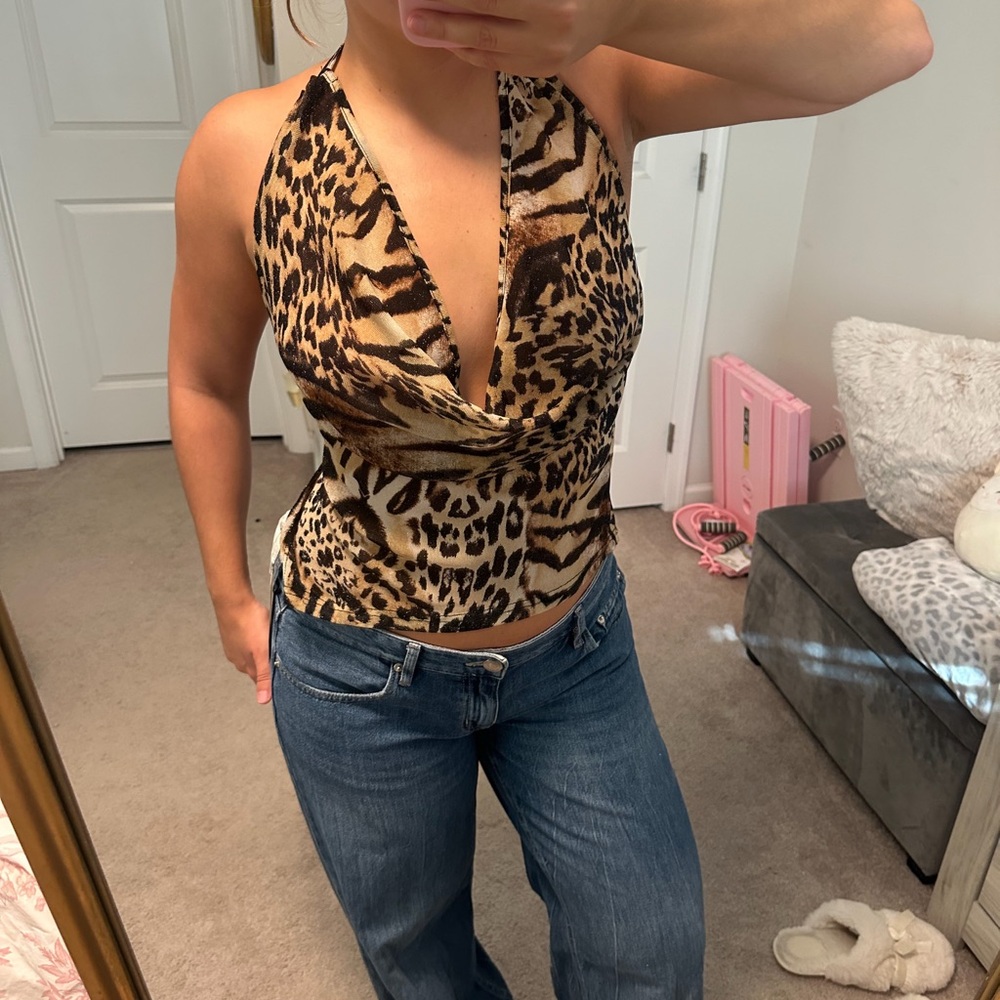 Muse Leopard Print Halter Cowl Neck Camisole in Brown and Black